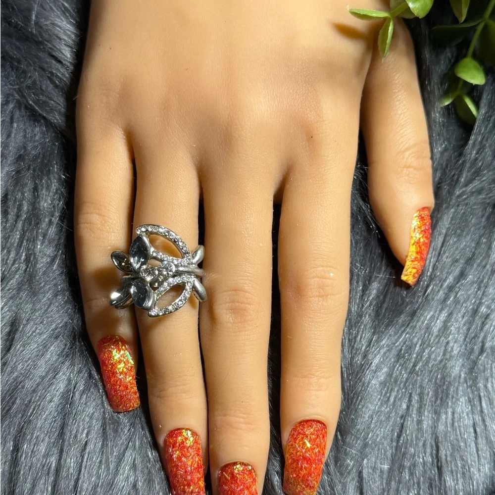 Silver‎ Crystal Floral Cocktail Ring and Gold Green Butterfly Stack Ring